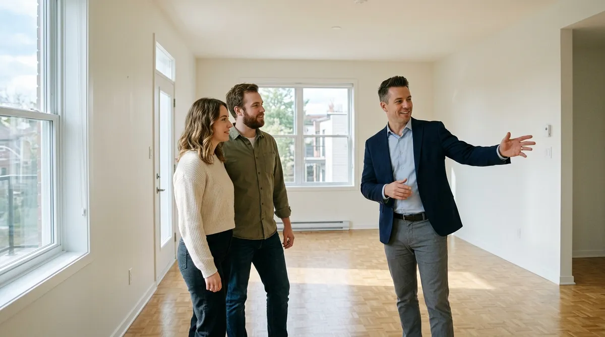 Agent immobilier faisant visiter un appartement à un couple